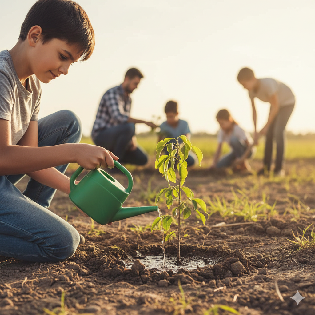 Voluntário regando planta